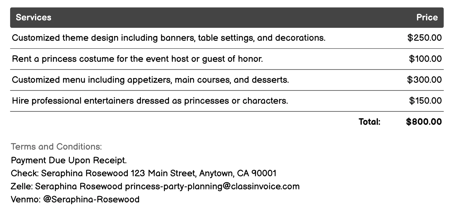 Catering Services Invoice Example