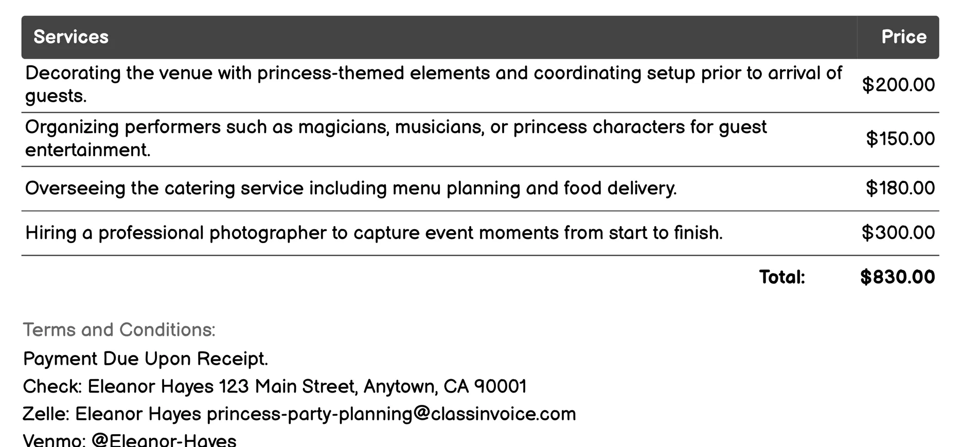 Event Day Coordination and Management Invoice Example
