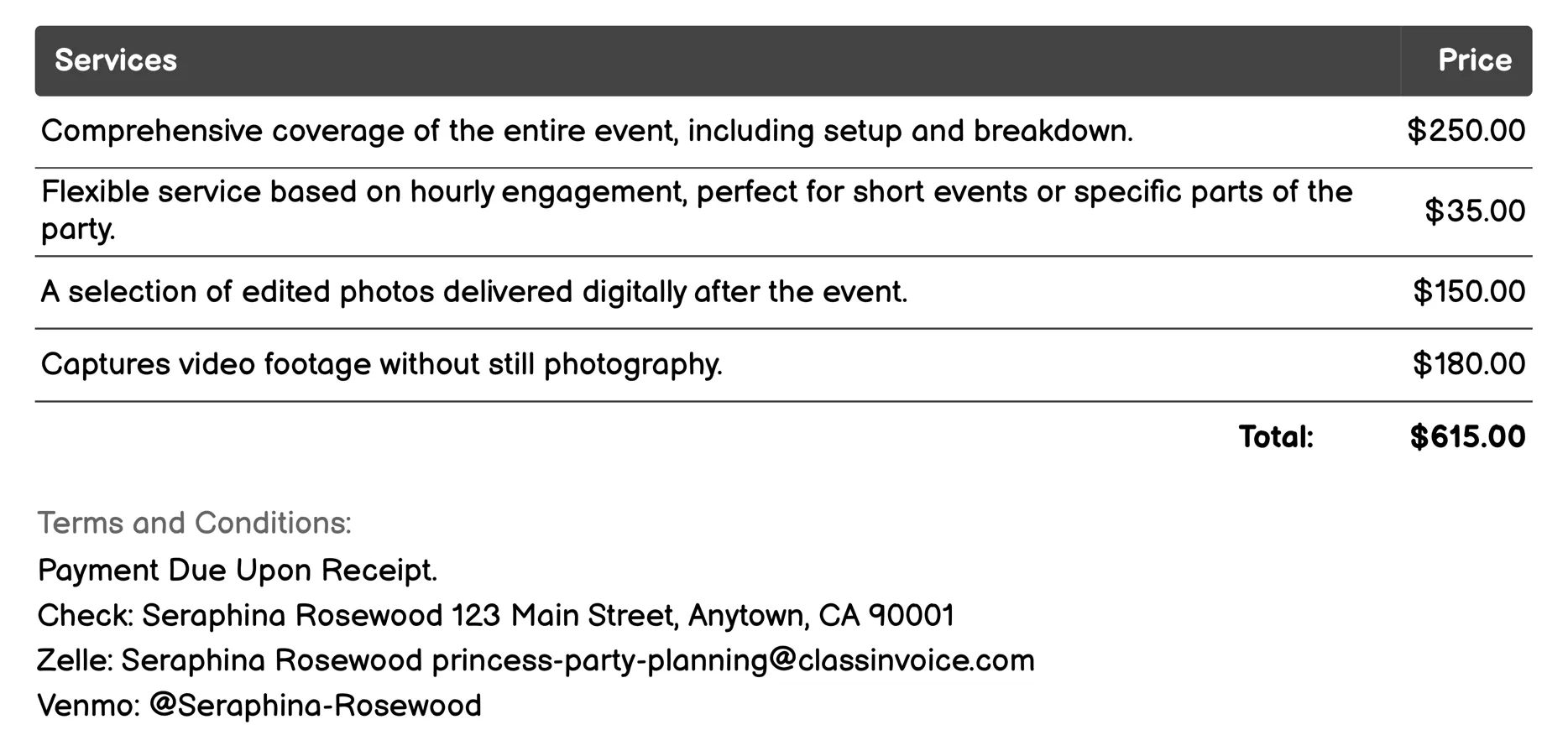 Photography/Videography Services Invoice Example
