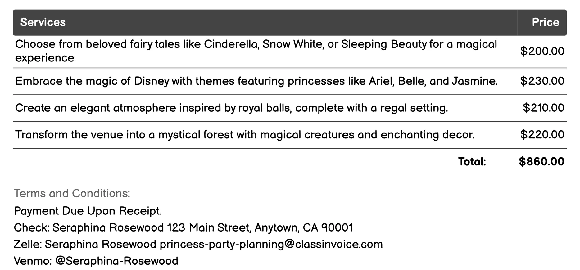 Theme Selection Invoice Example
