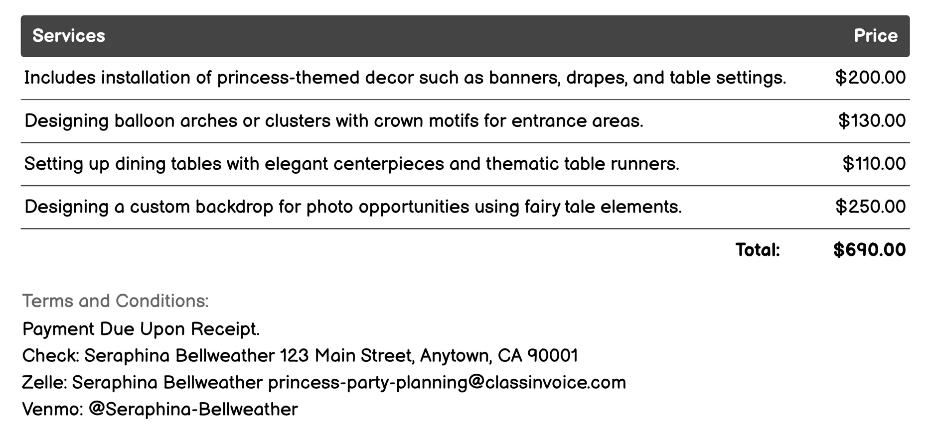 Venue Decoration Invoice Example