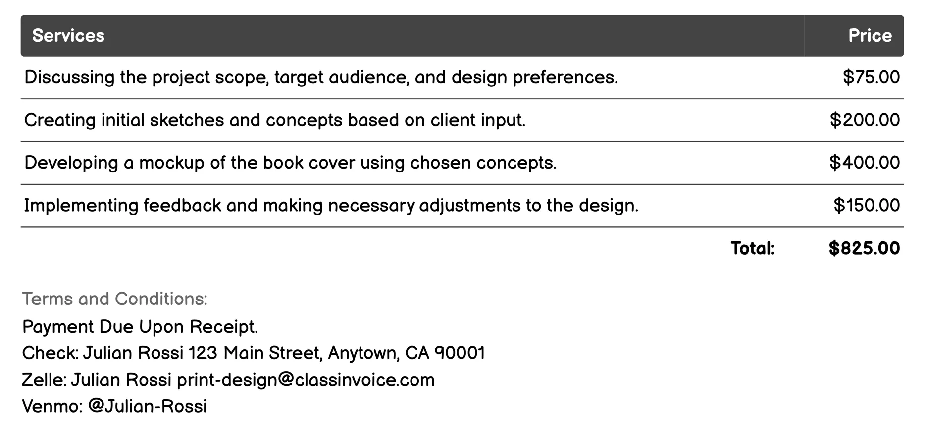 Book Cover Design Invoice Example