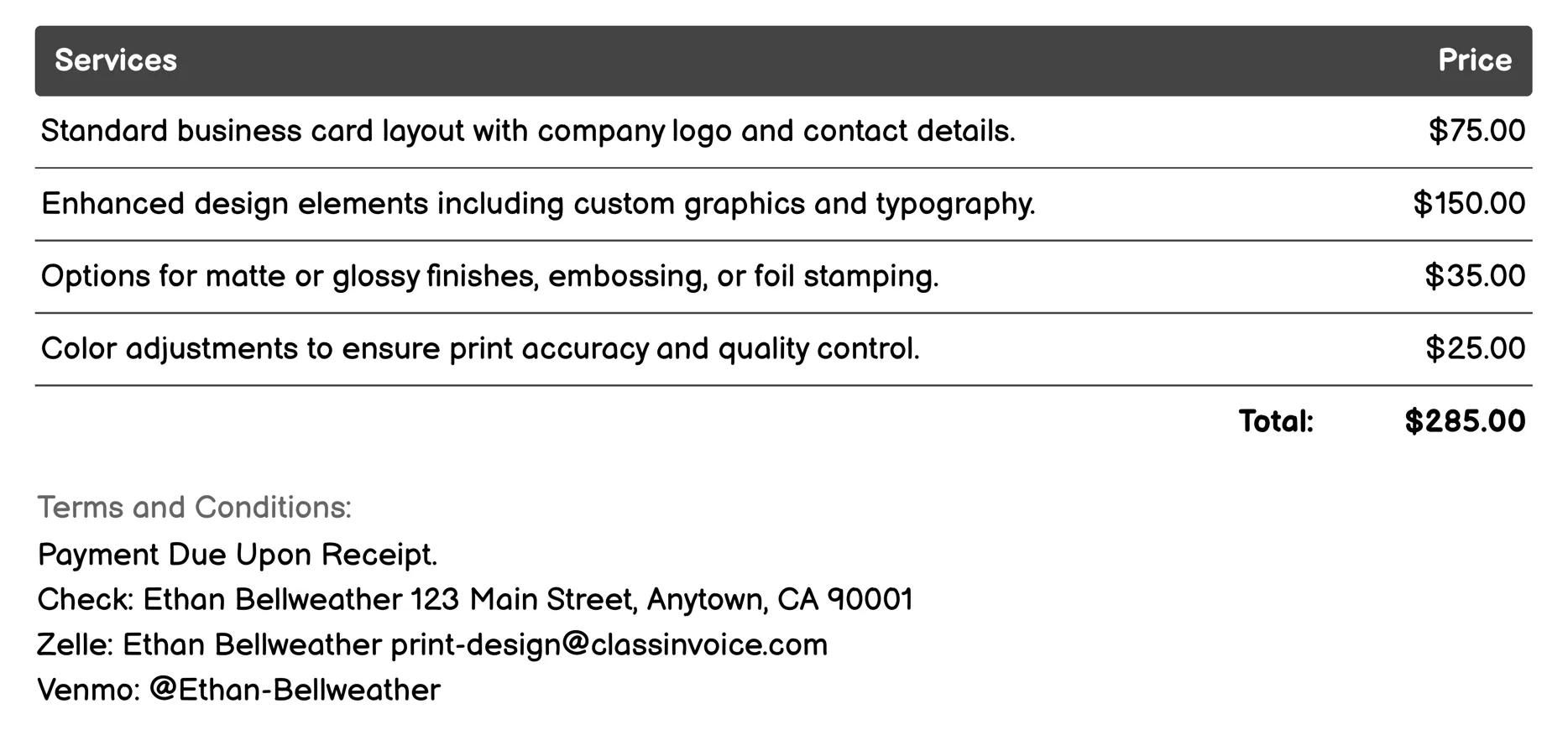 Business Card Design Invoice Example