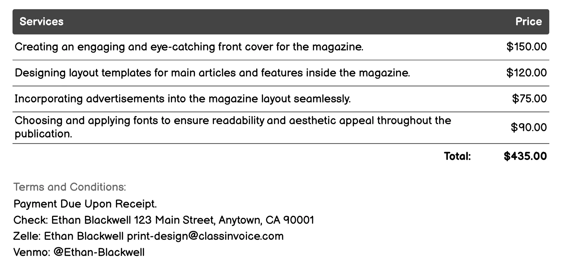 Magazine Layout Invoice Example