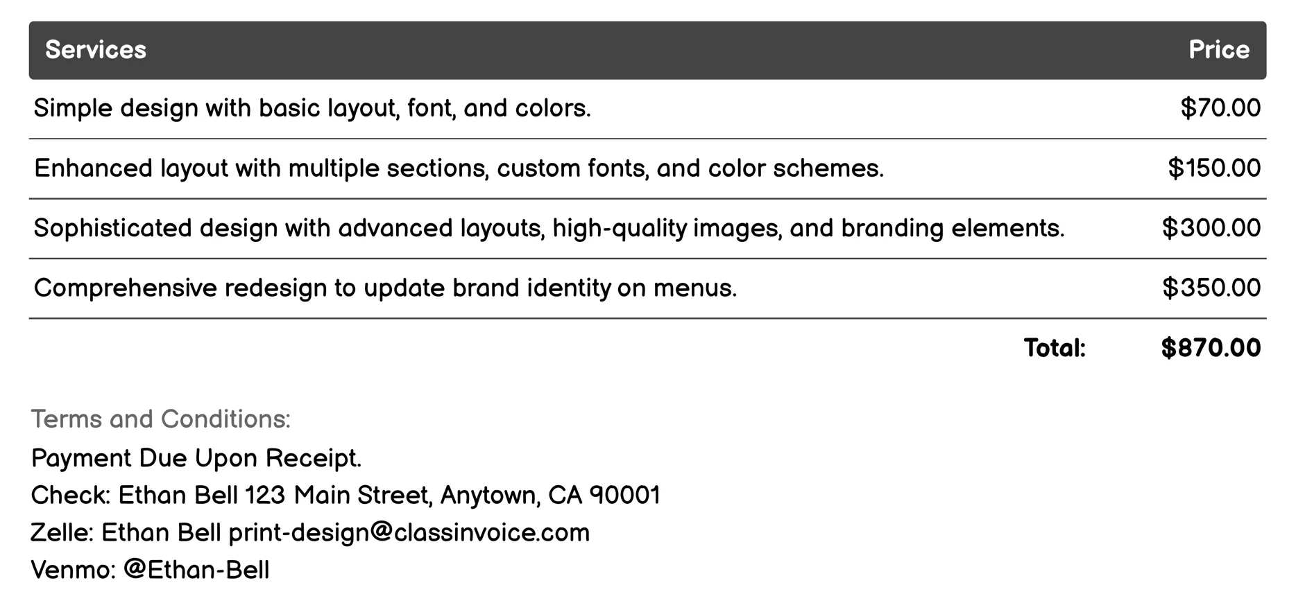 Menu Design Invoice Example