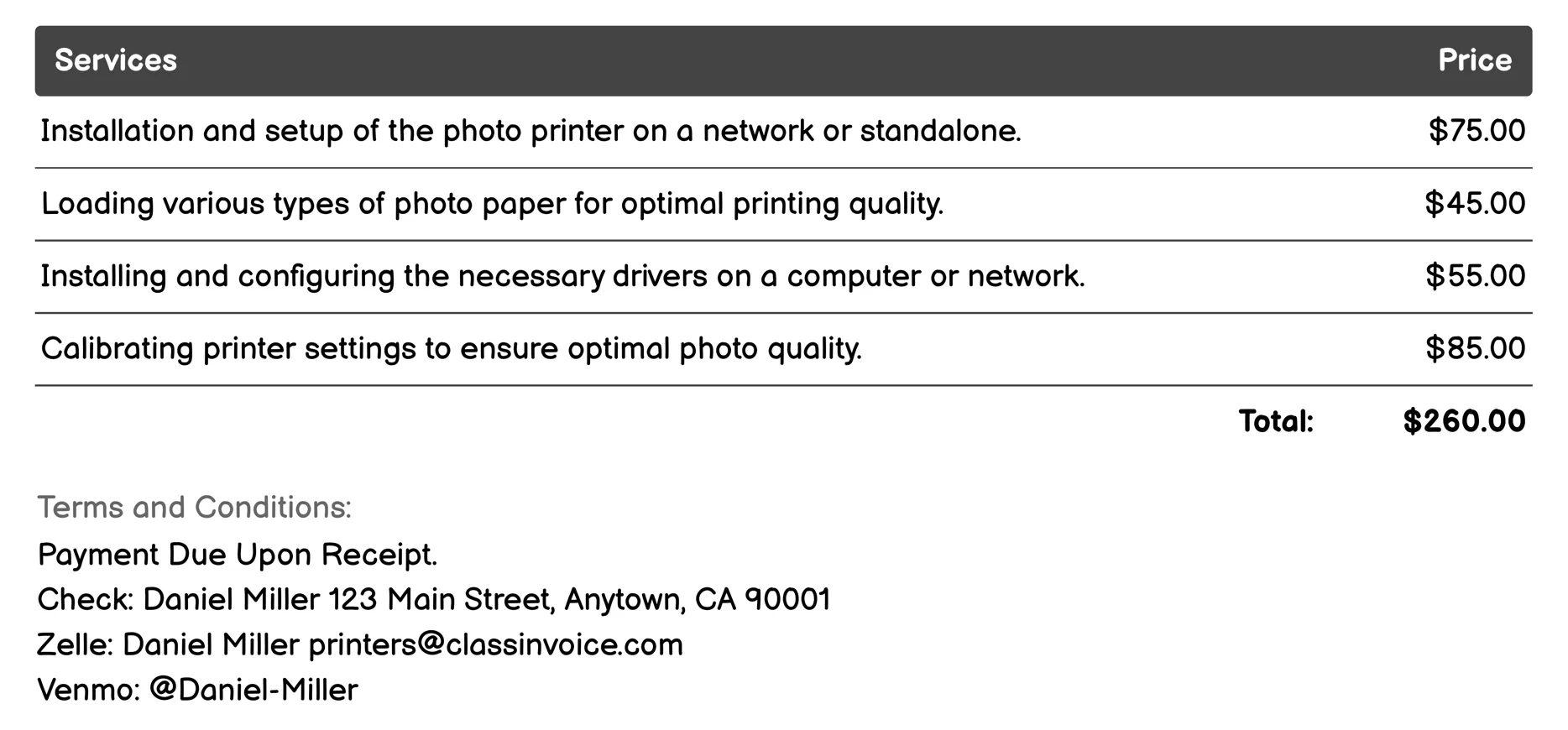 Photo Printer Invoice Example