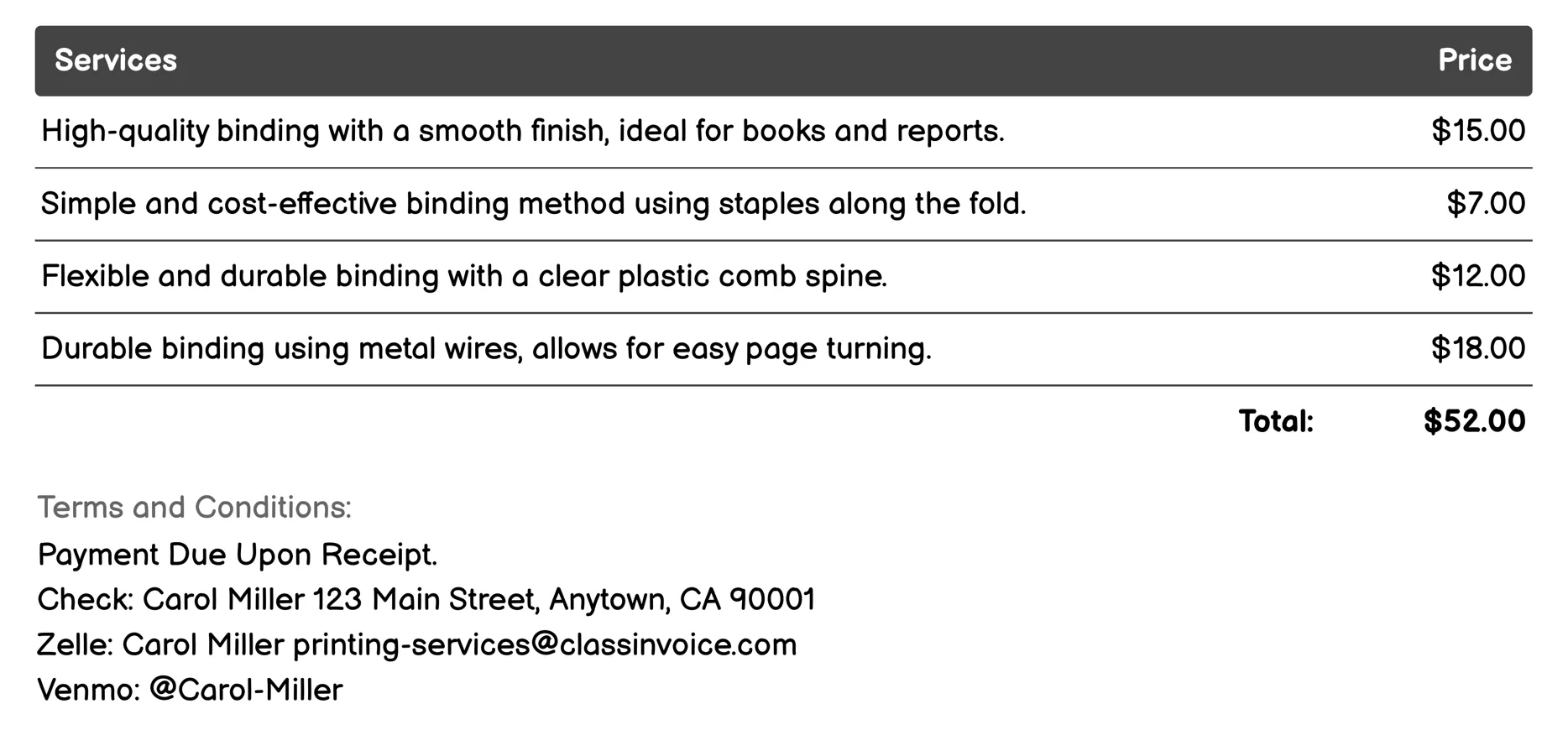 Binding Services Invoice Example