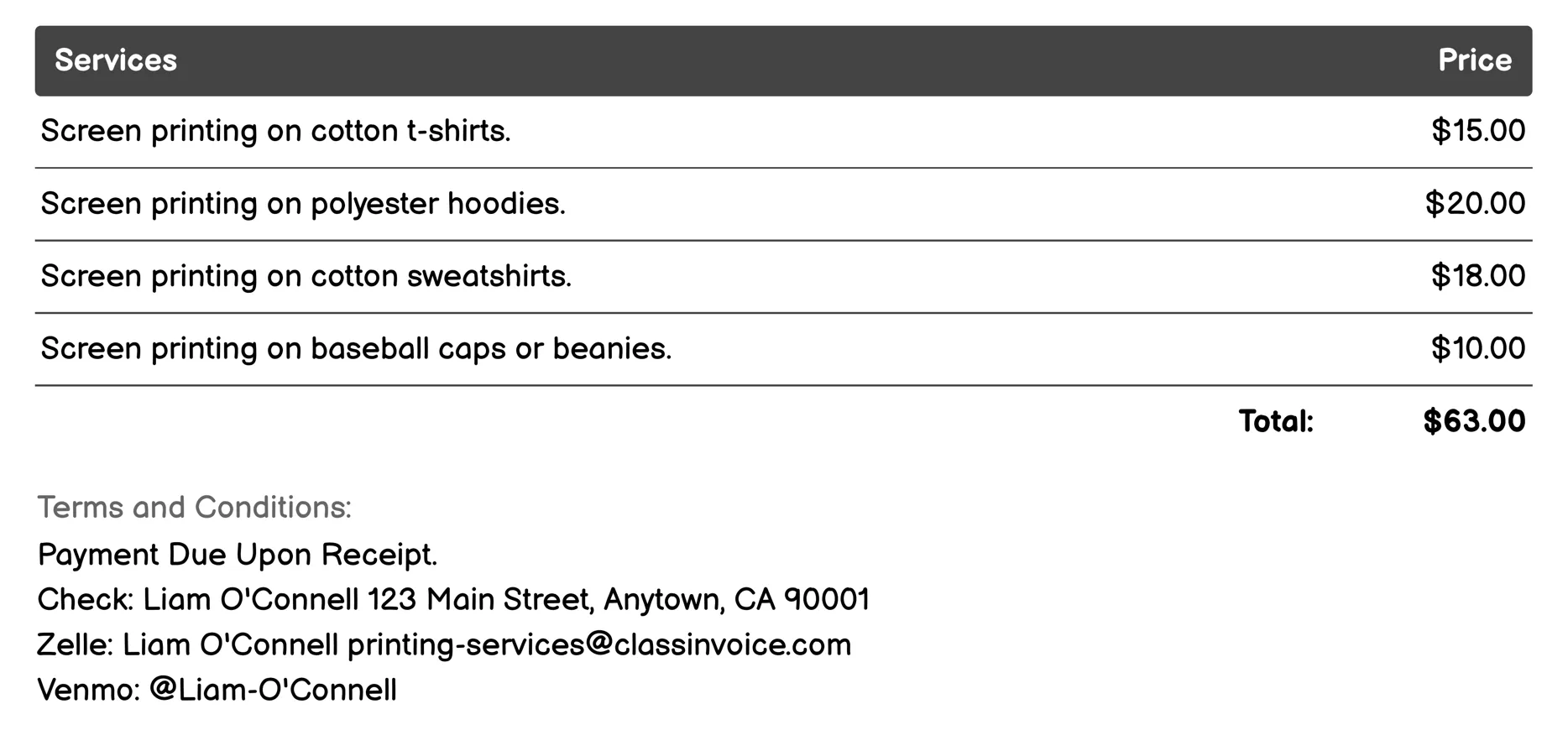 Screen Printing Invoice Example