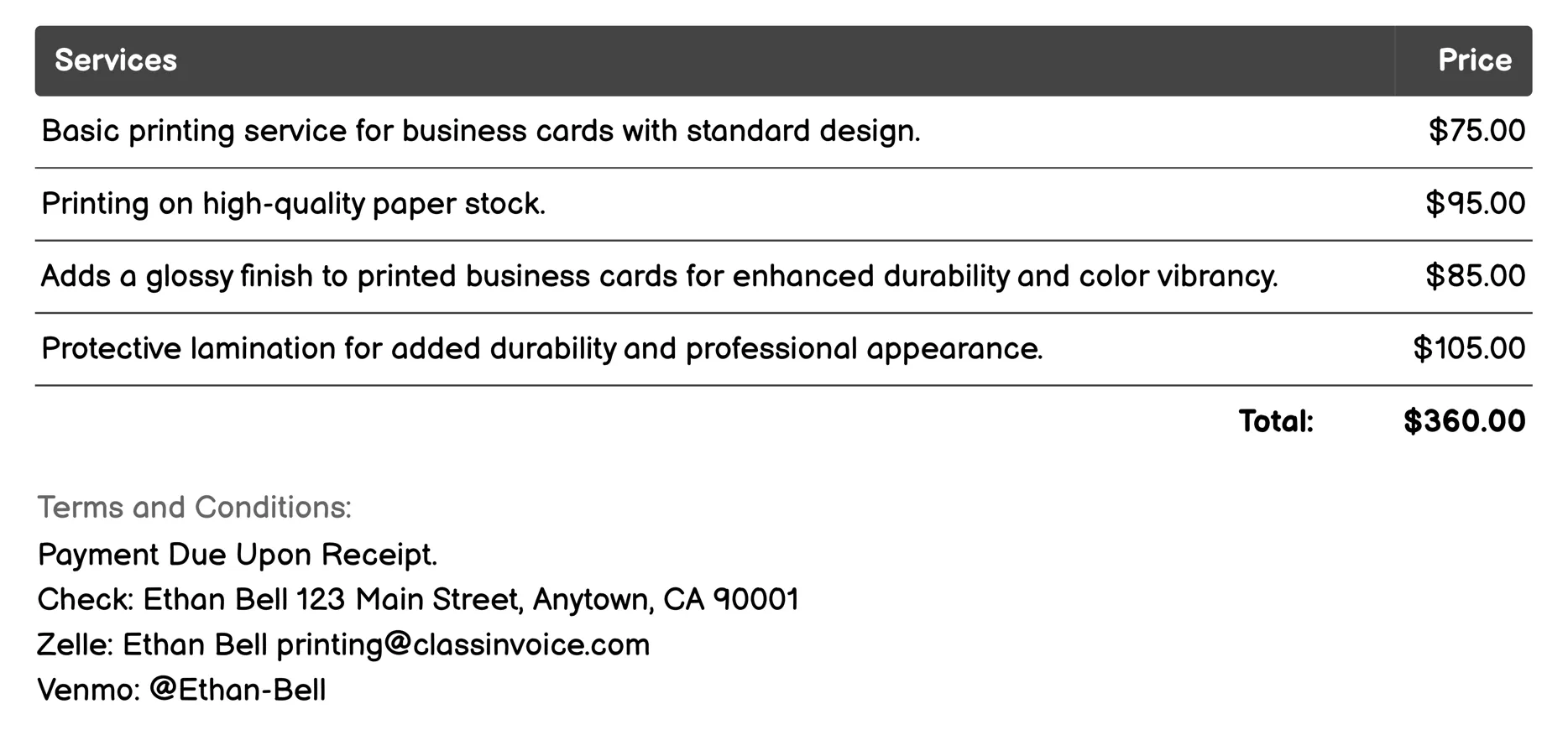 Business Card Printing Invoice Example