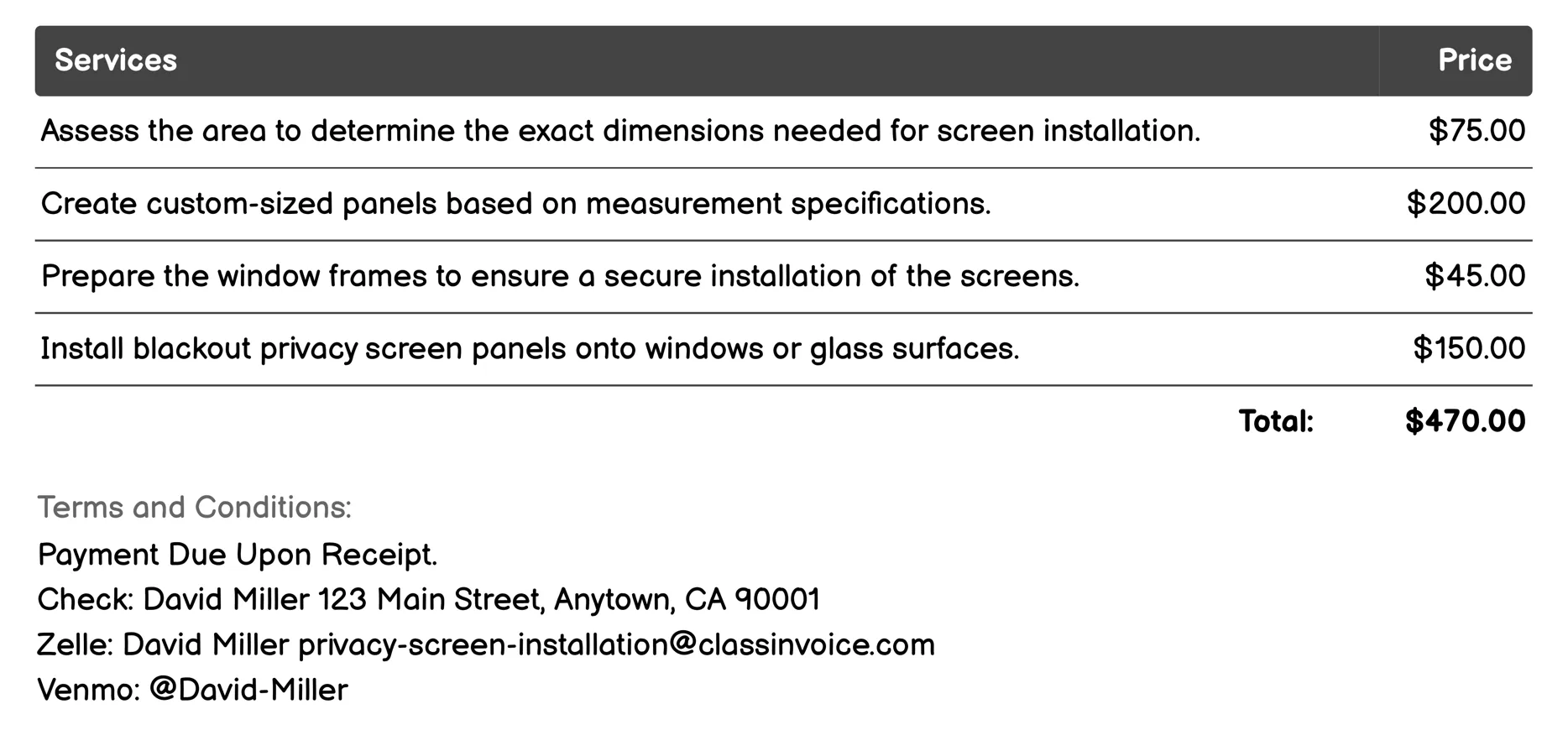 Blackout Privacy Screens Invoice Example