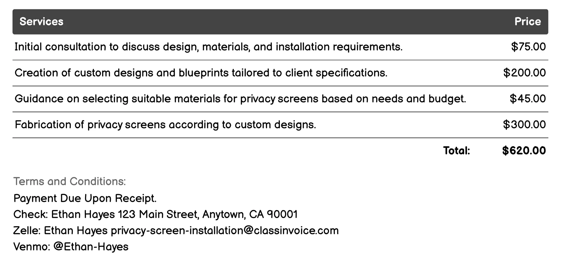 Custom Privacy Screens Invoice Example