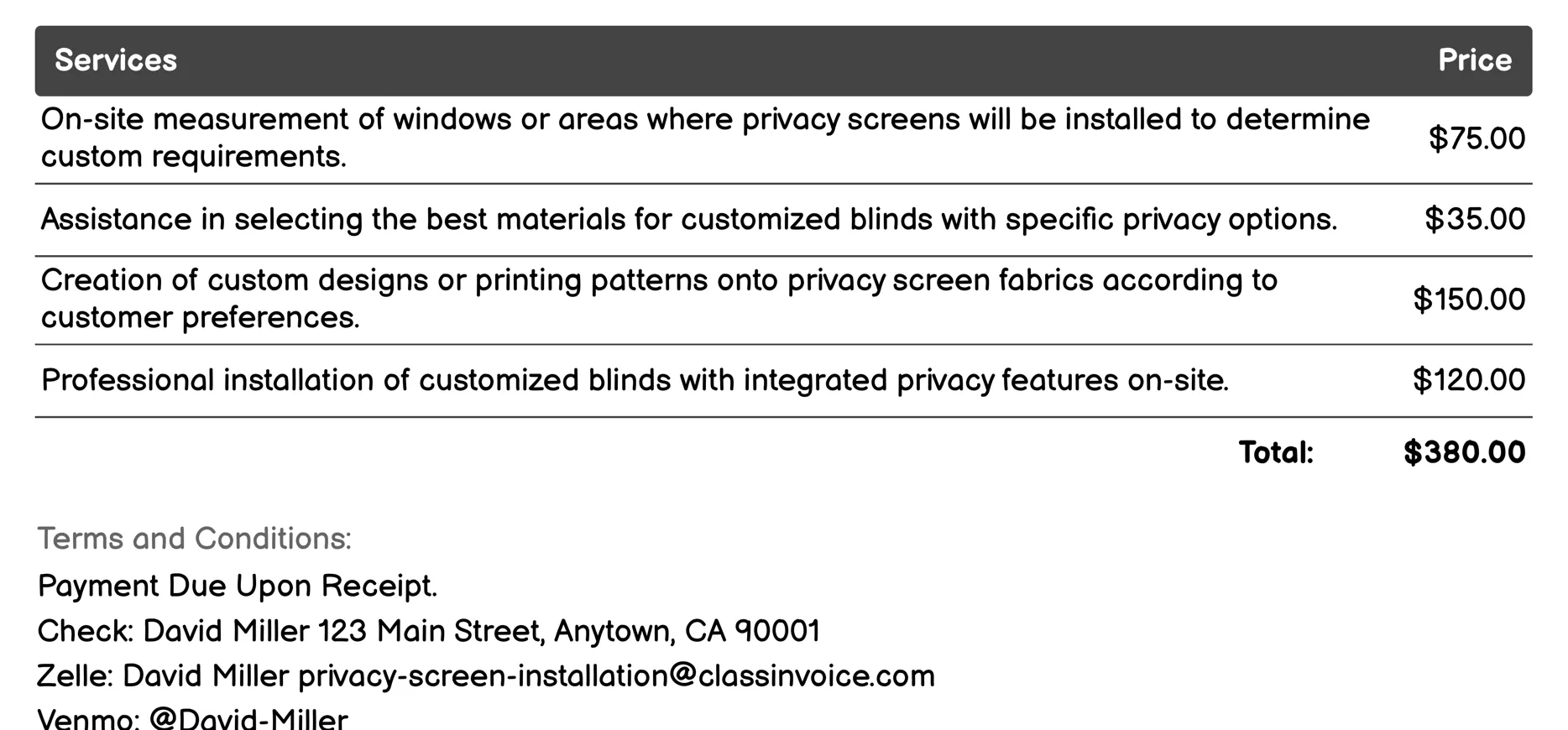 Customized Blinds with Privacy Options Invoice Example