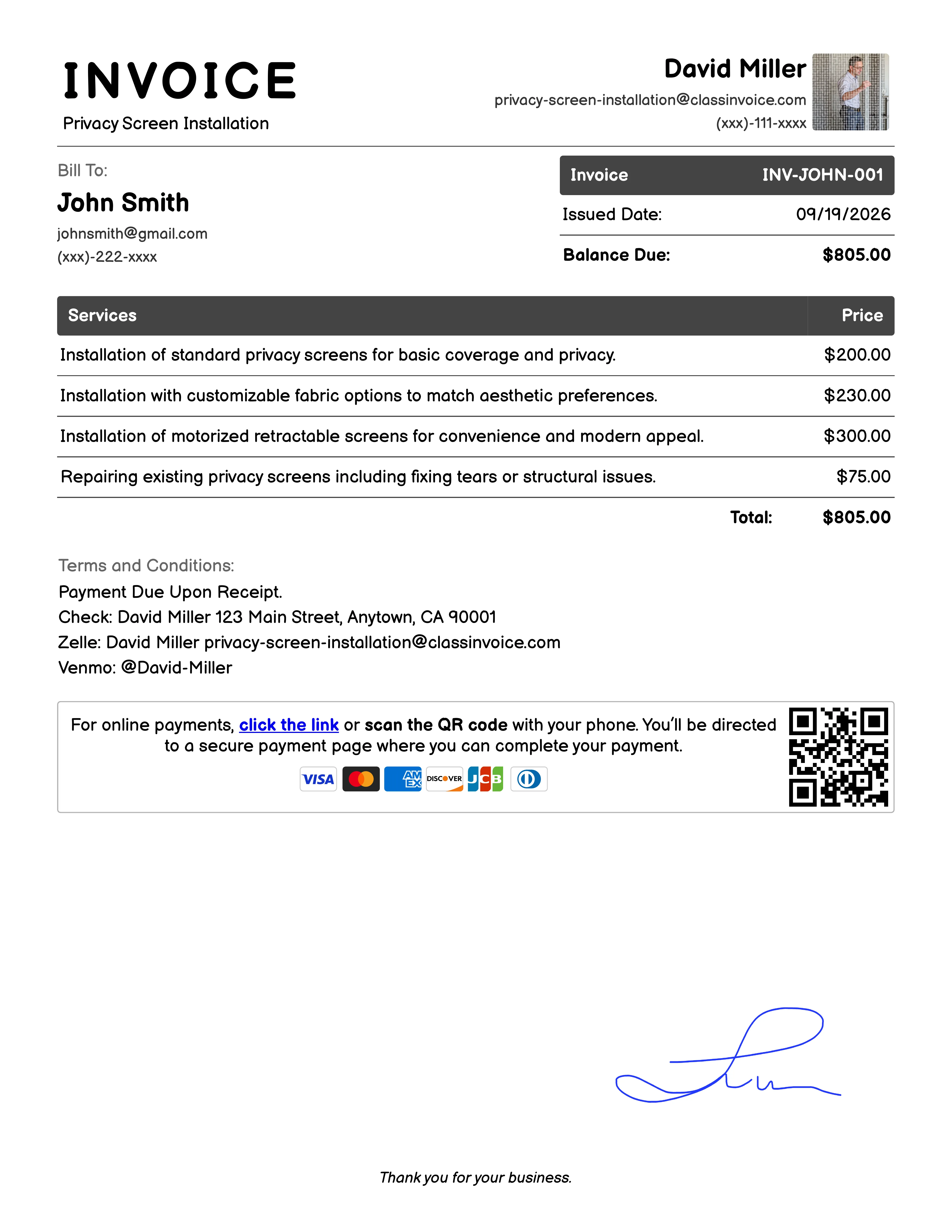 Privacy Screen Installation Invoice Example
