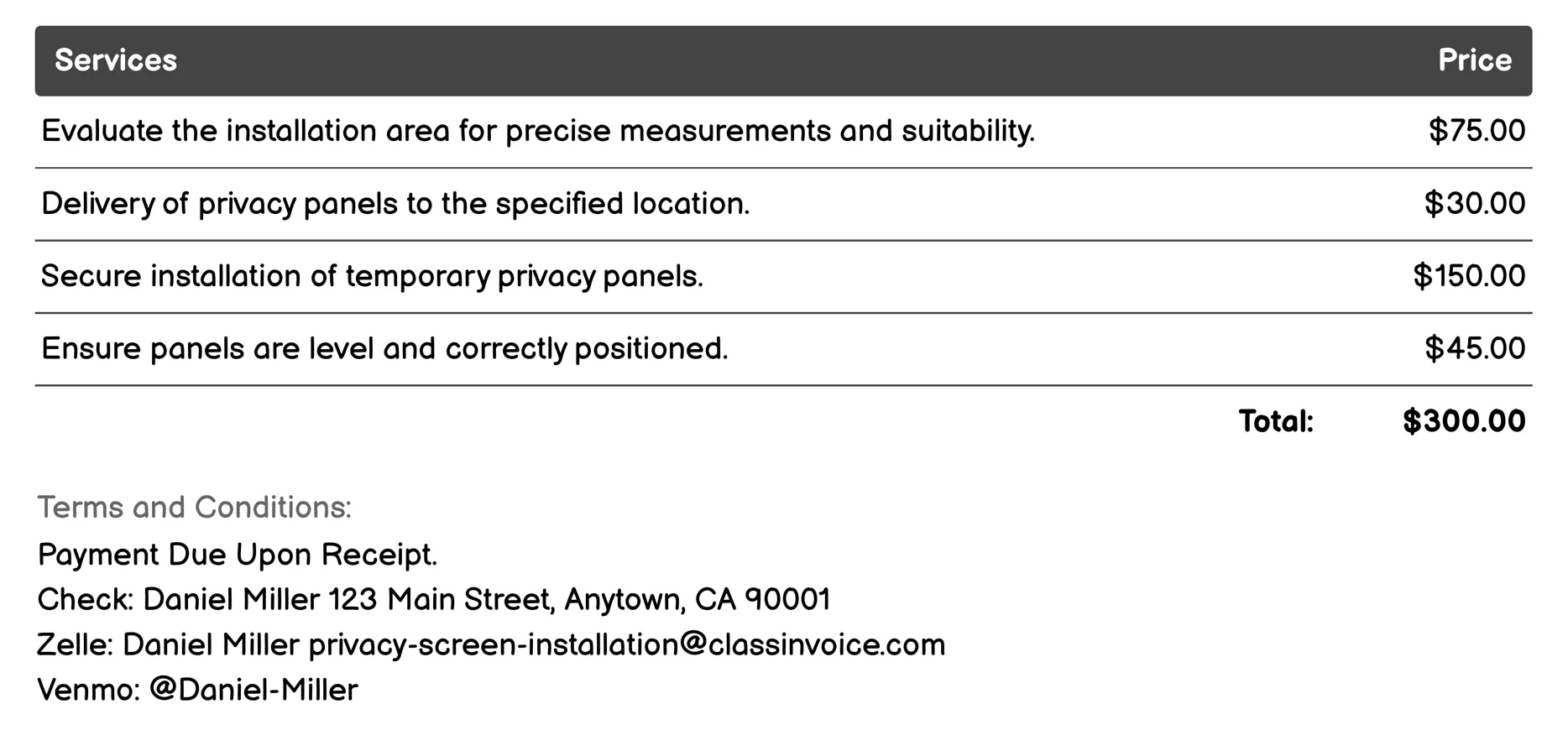 Temporary Privacy Panels Invoice Example