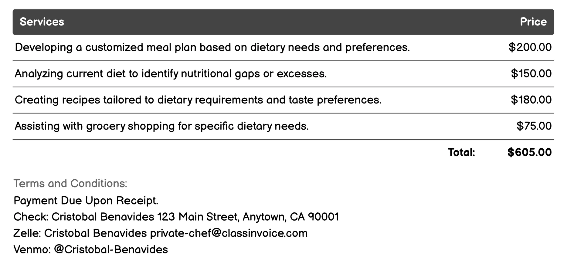 Dietary Consultation Invoice Example