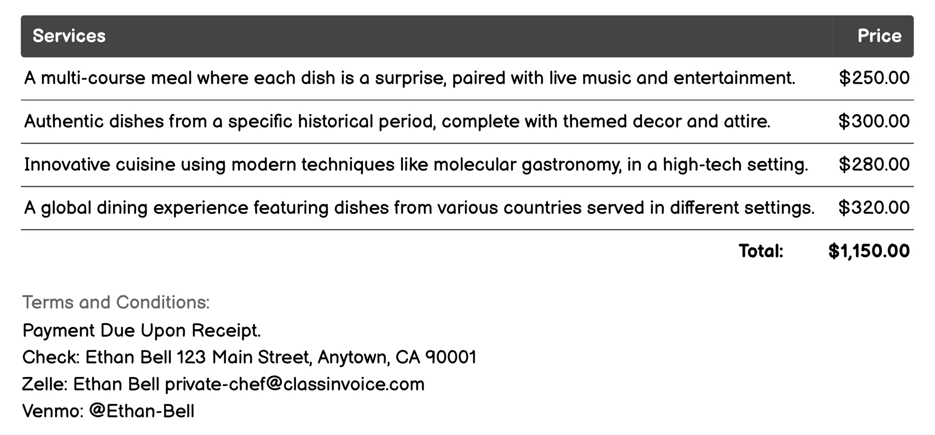 Themed Dining Experiences Invoice Example