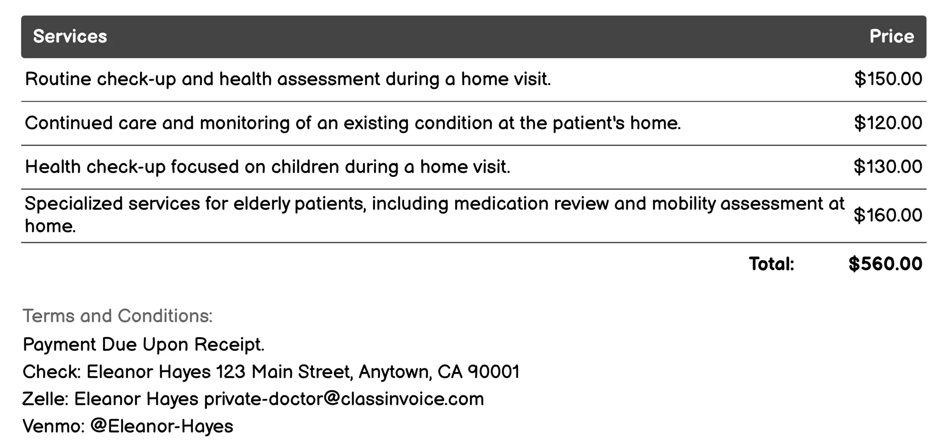 Home Visits Invoice Example