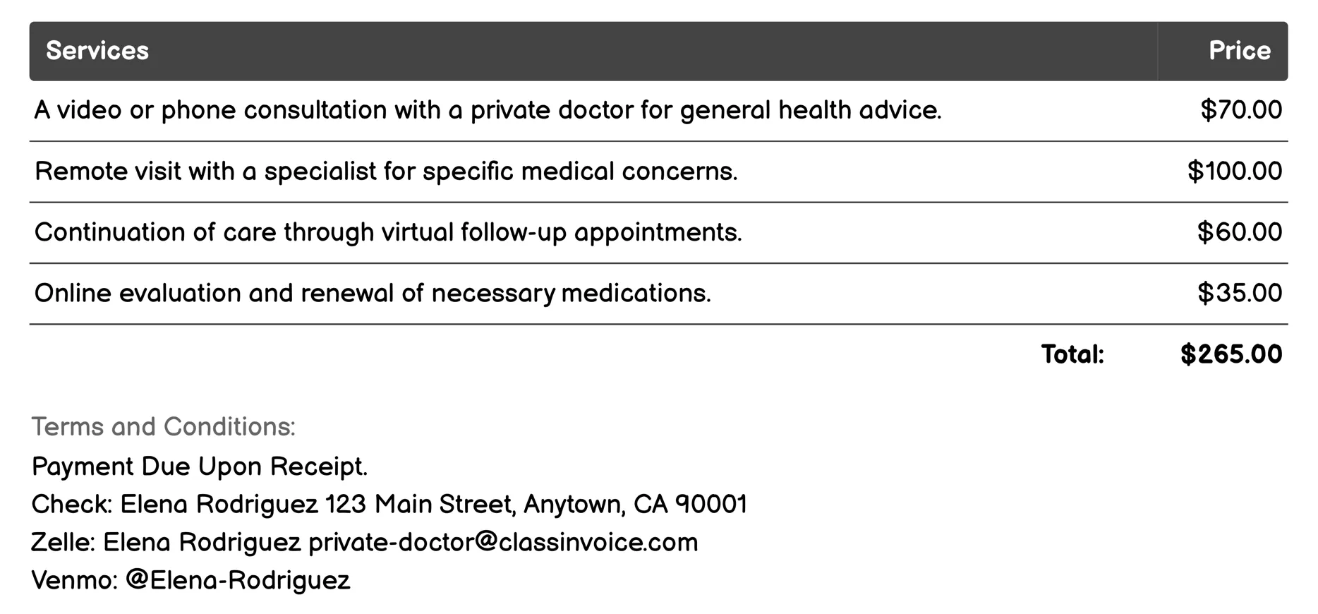 Telemedicine Services Invoice Example