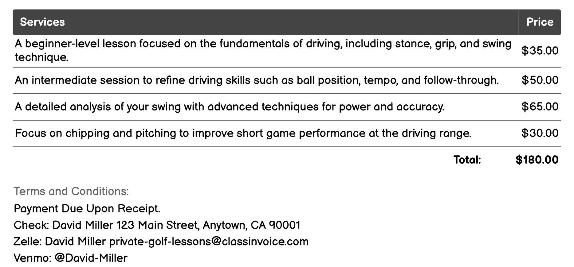 Driving Range Instruction Invoice Example