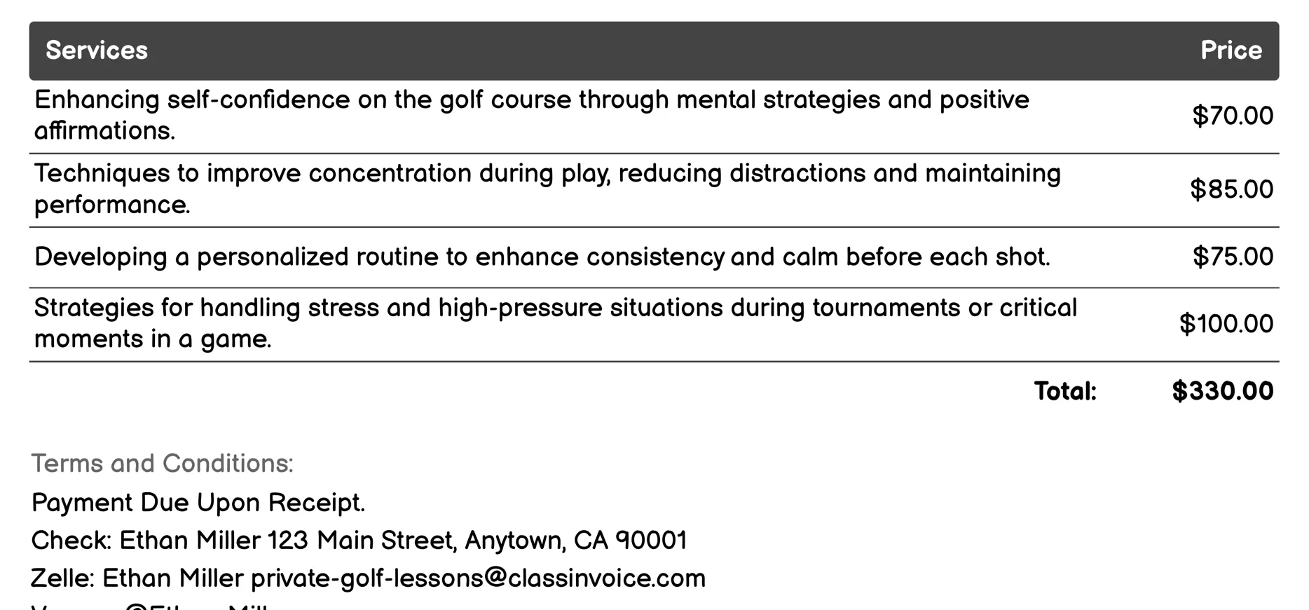 Mental Game Coaching Invoice Example