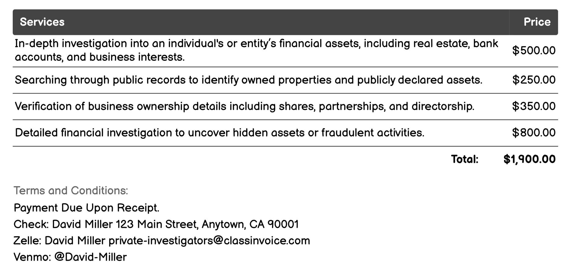 Asset Searches Invoice Example