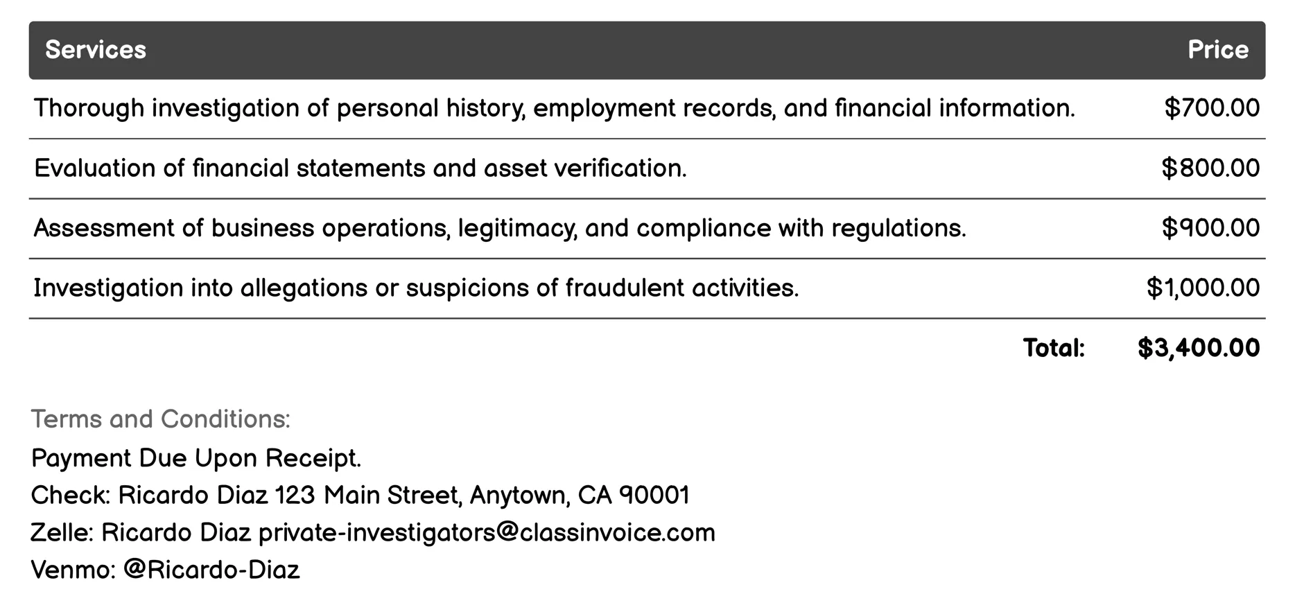 Due Diligence Invoice Example