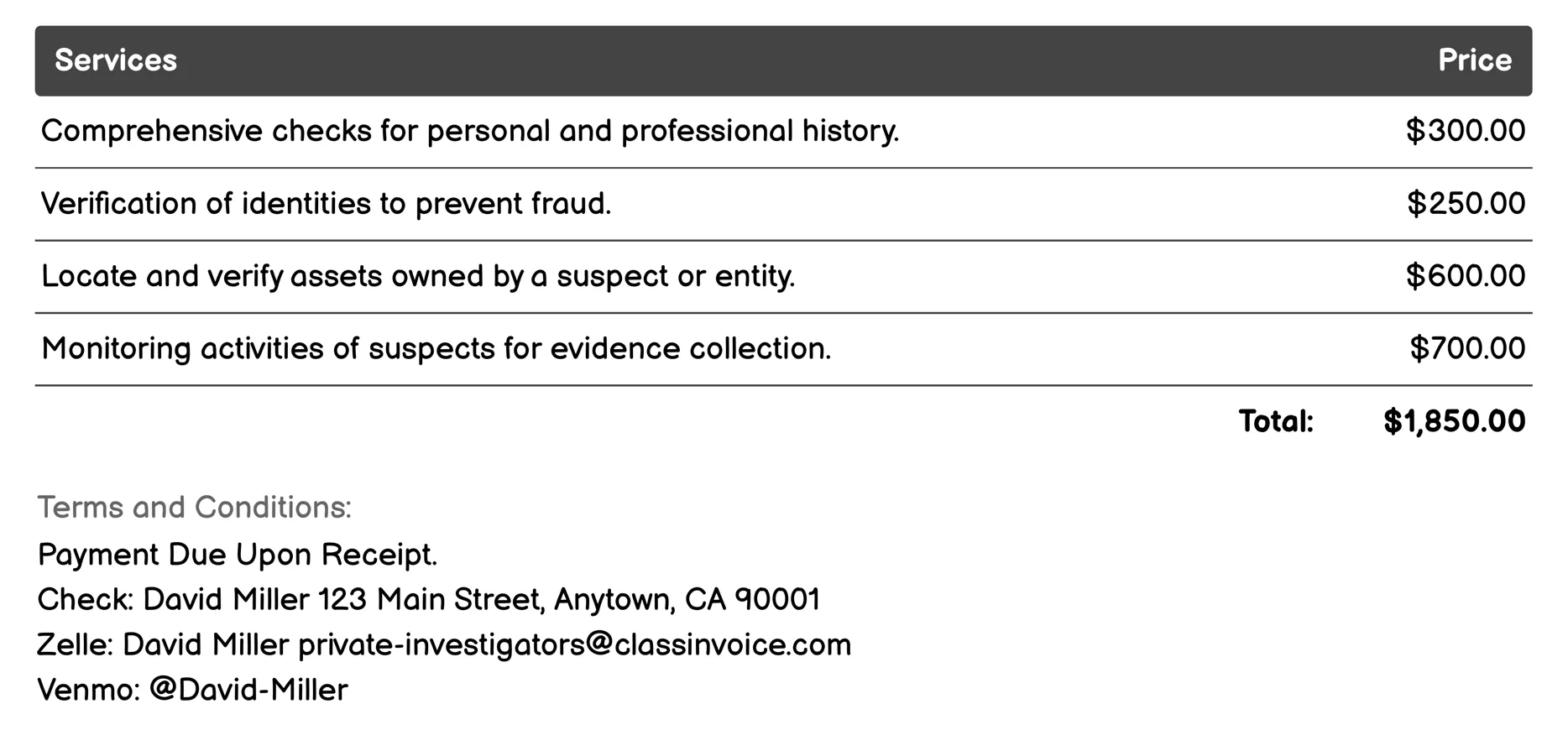 Fraud Investigation Invoice Example
