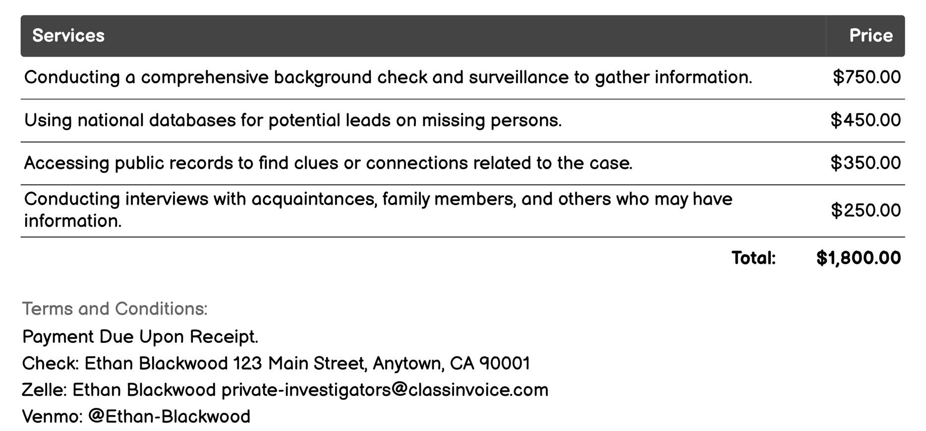 Locating Missing Persons Invoice Example