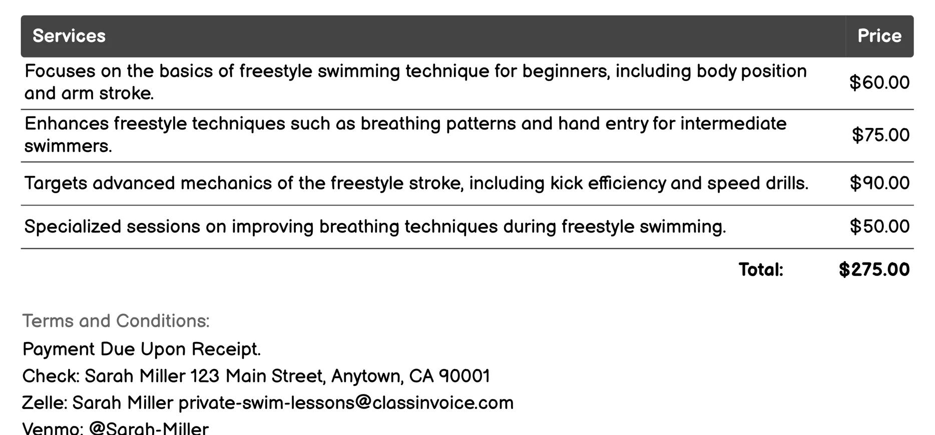 Freestyle Improvement Invoice Example