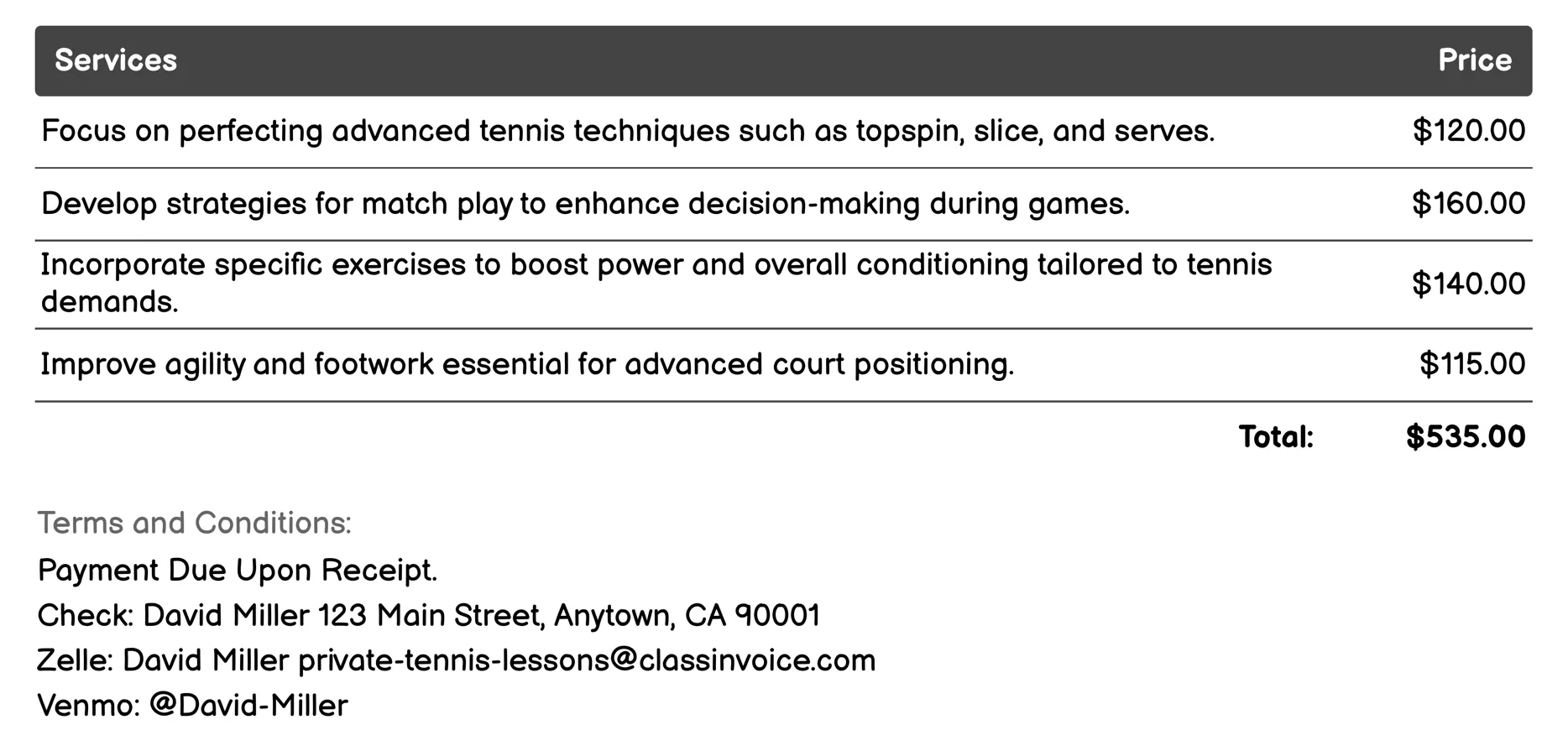 Advanced Performance Coaching Invoice Example
