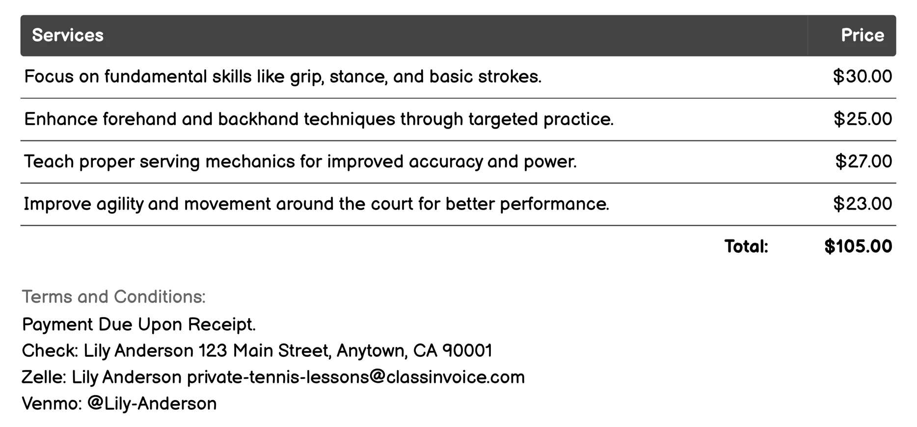 Junior Tennis Lessons Invoice Example