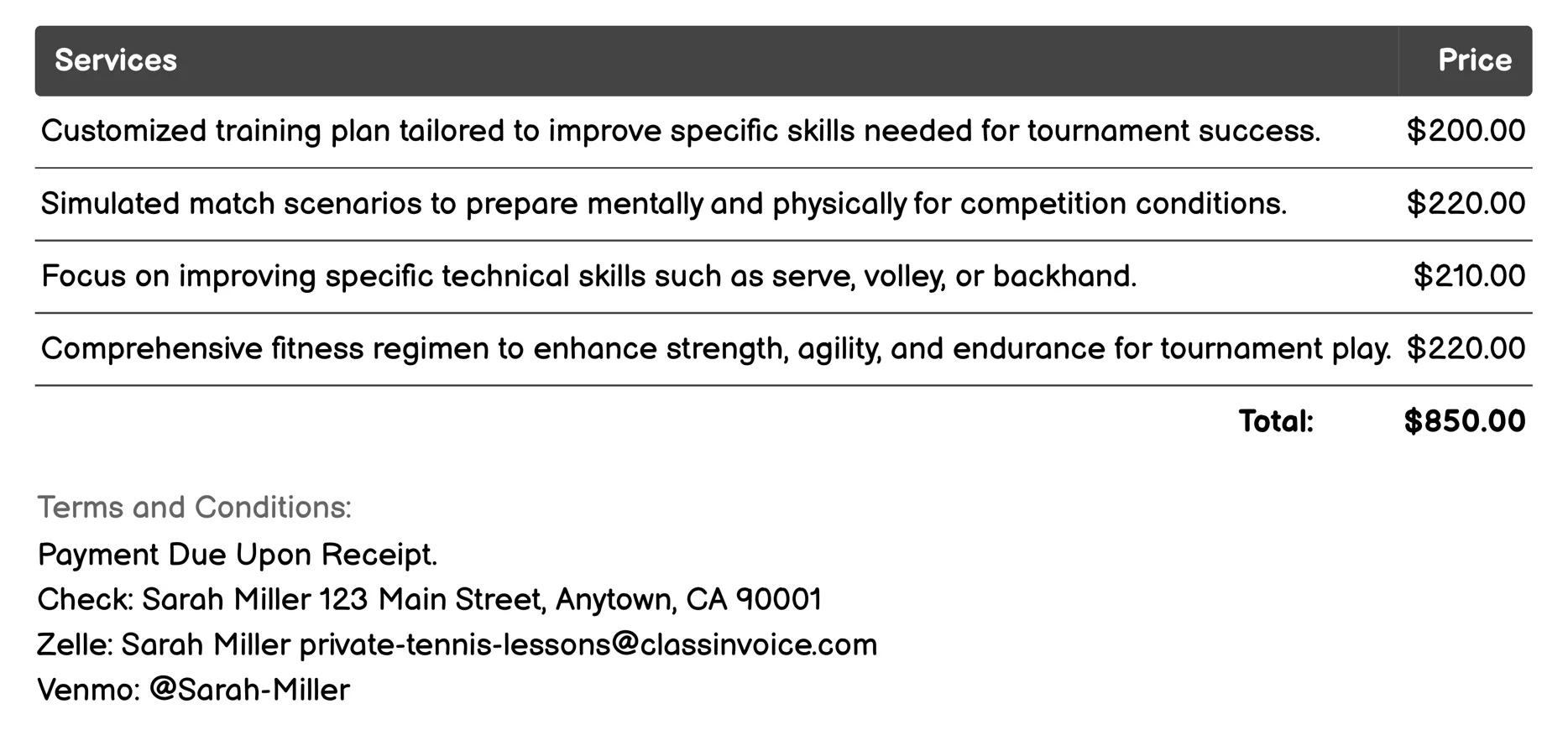 Tournament Preparation Invoice Example