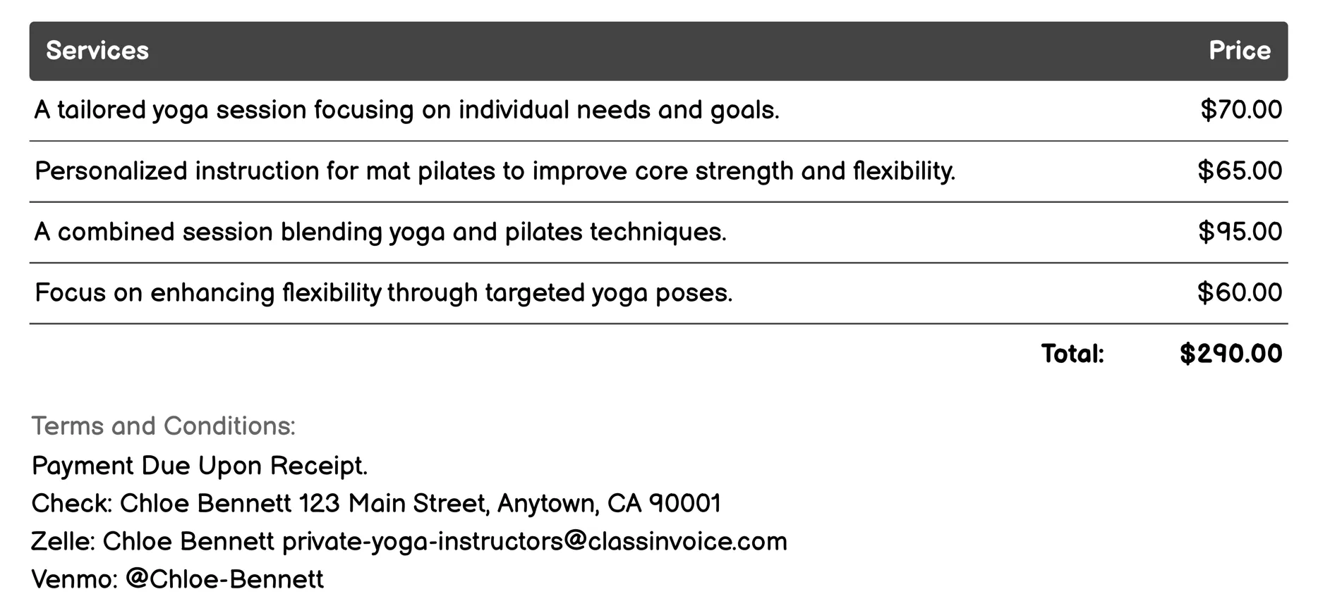 Mat Pilates Classes Invoice Example