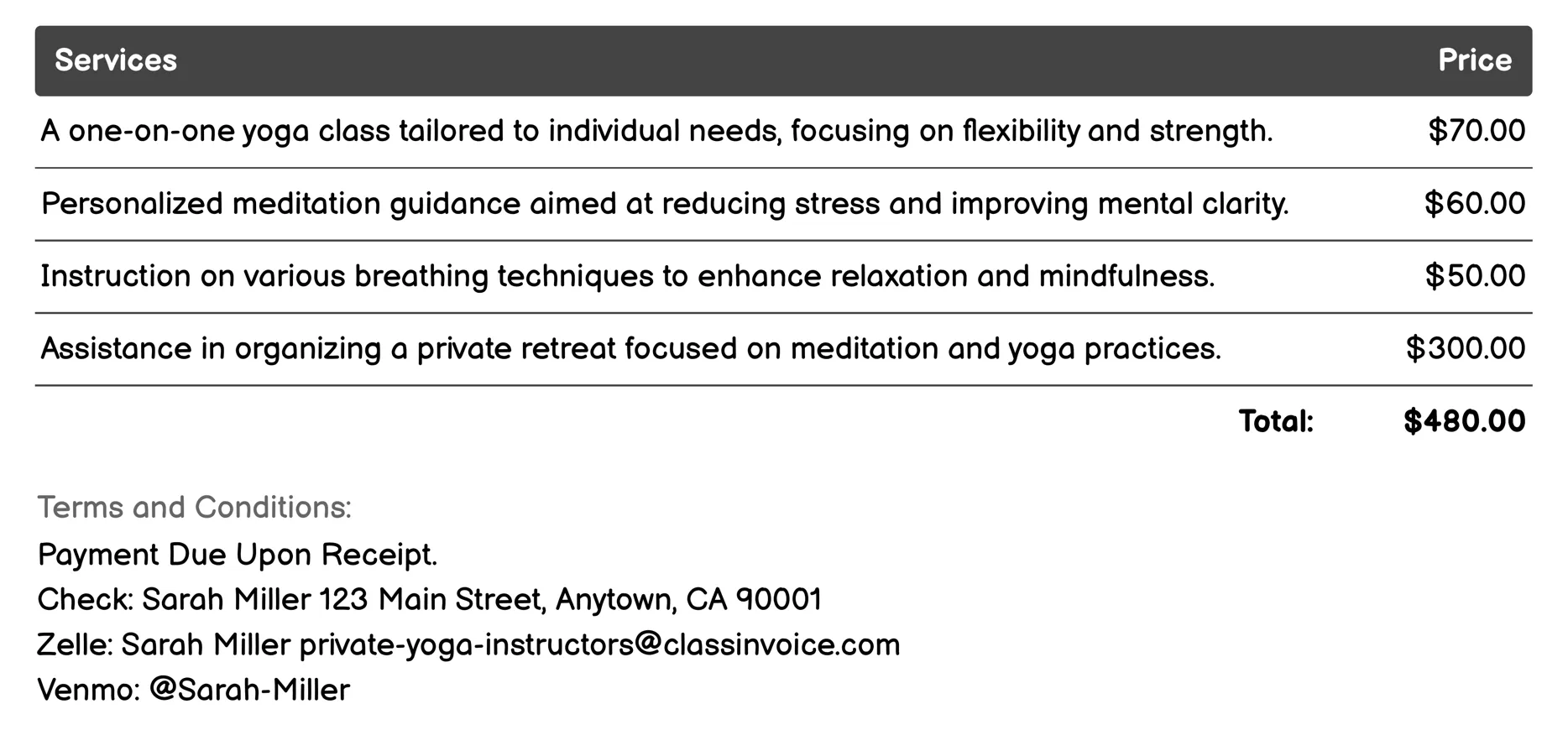 Meditation and Mindfulness Coaching Invoice Example