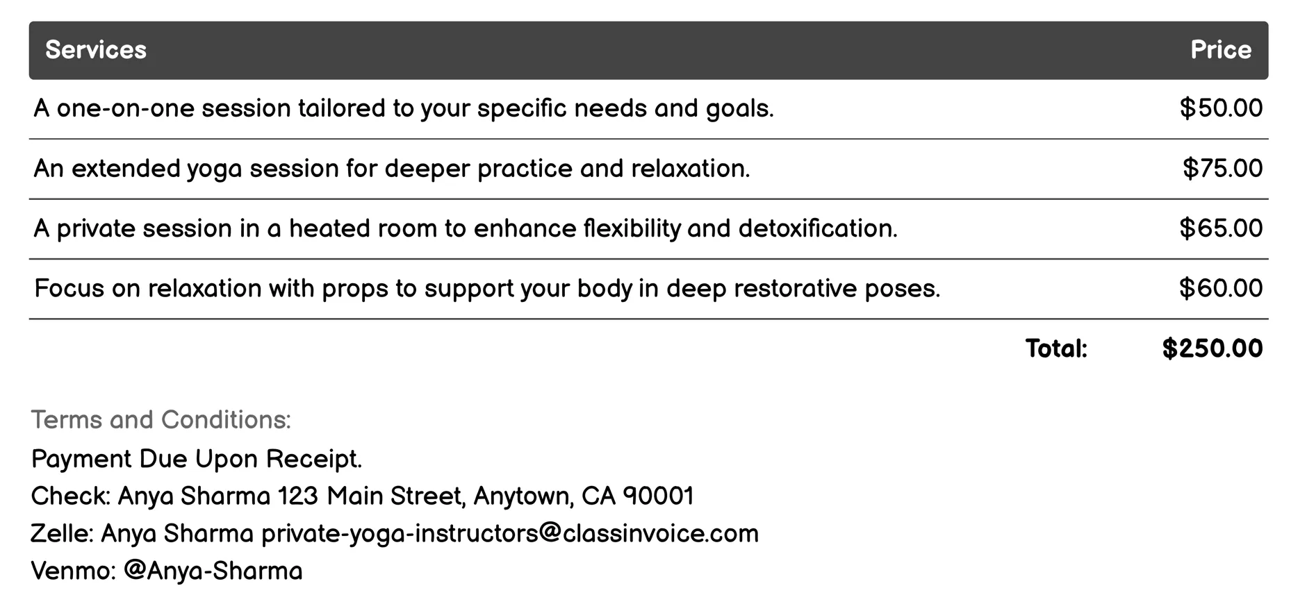 Personalized Yoga Sessions Invoice Example
