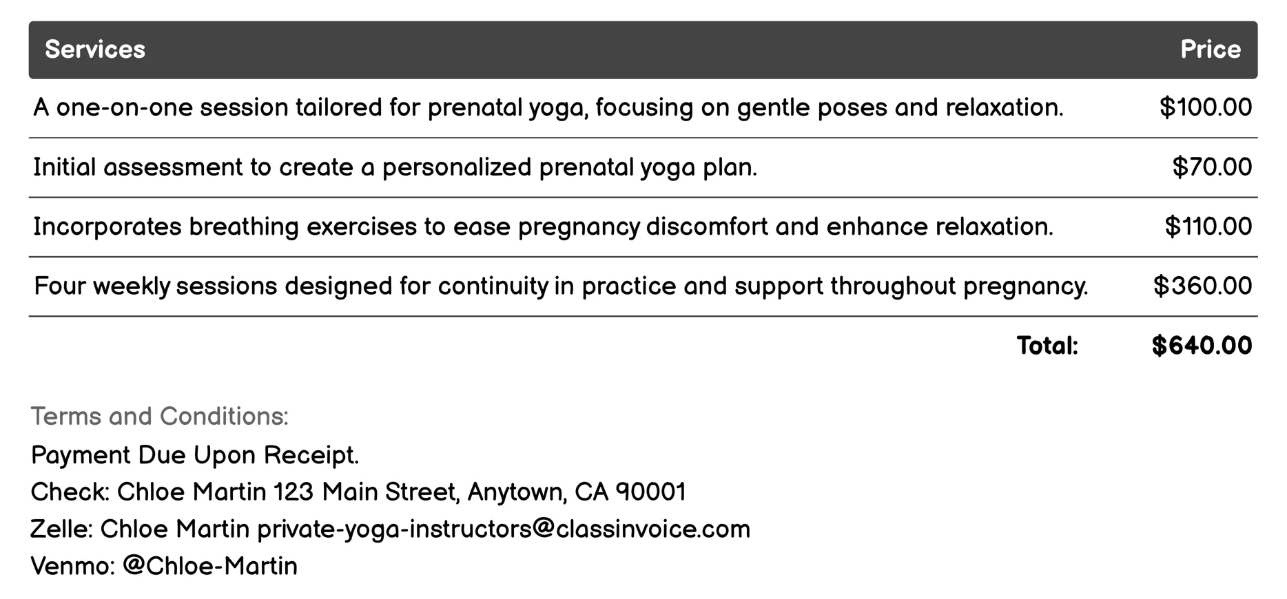Prenatal Yoga Instruction Invoice Example