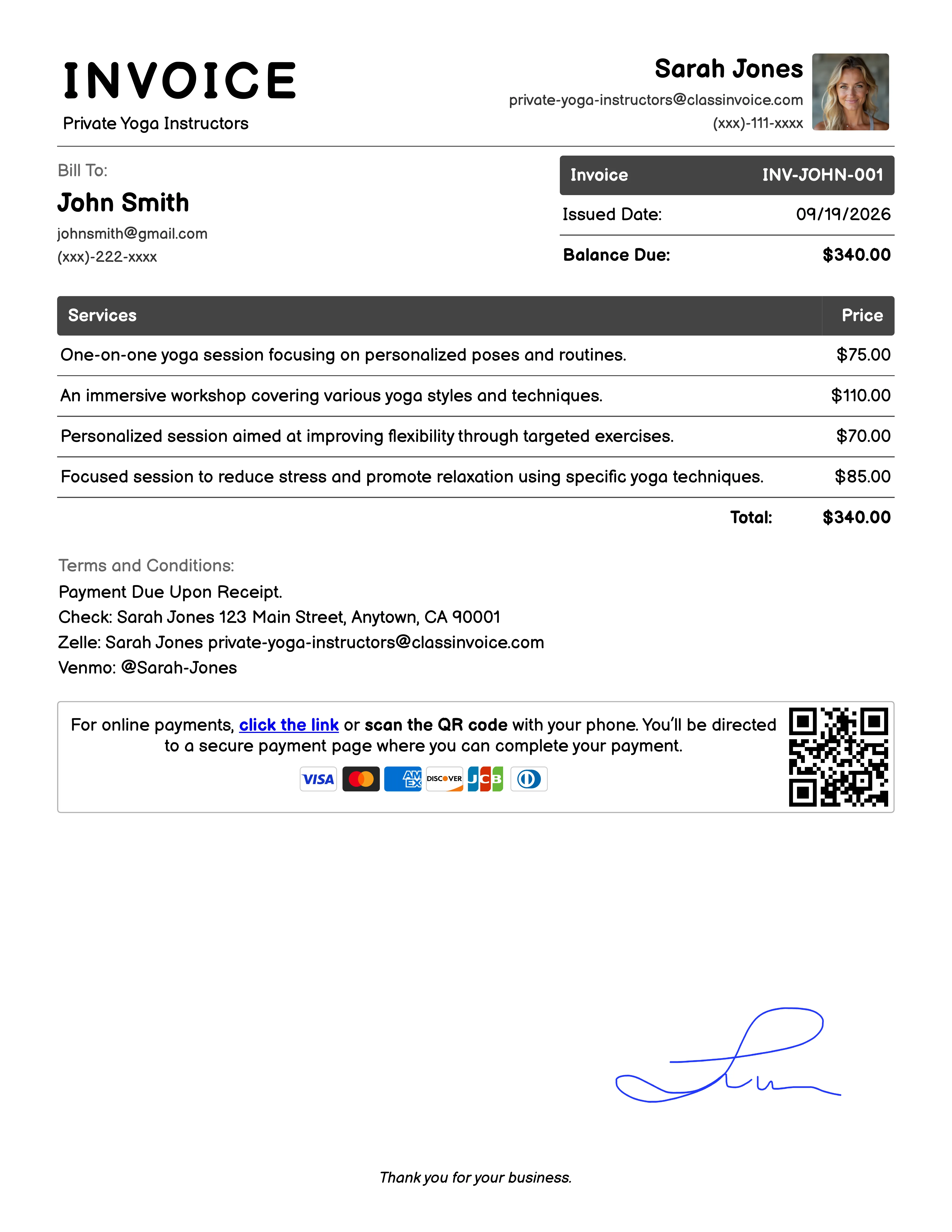 Private Yoga Instructors Invoice Example