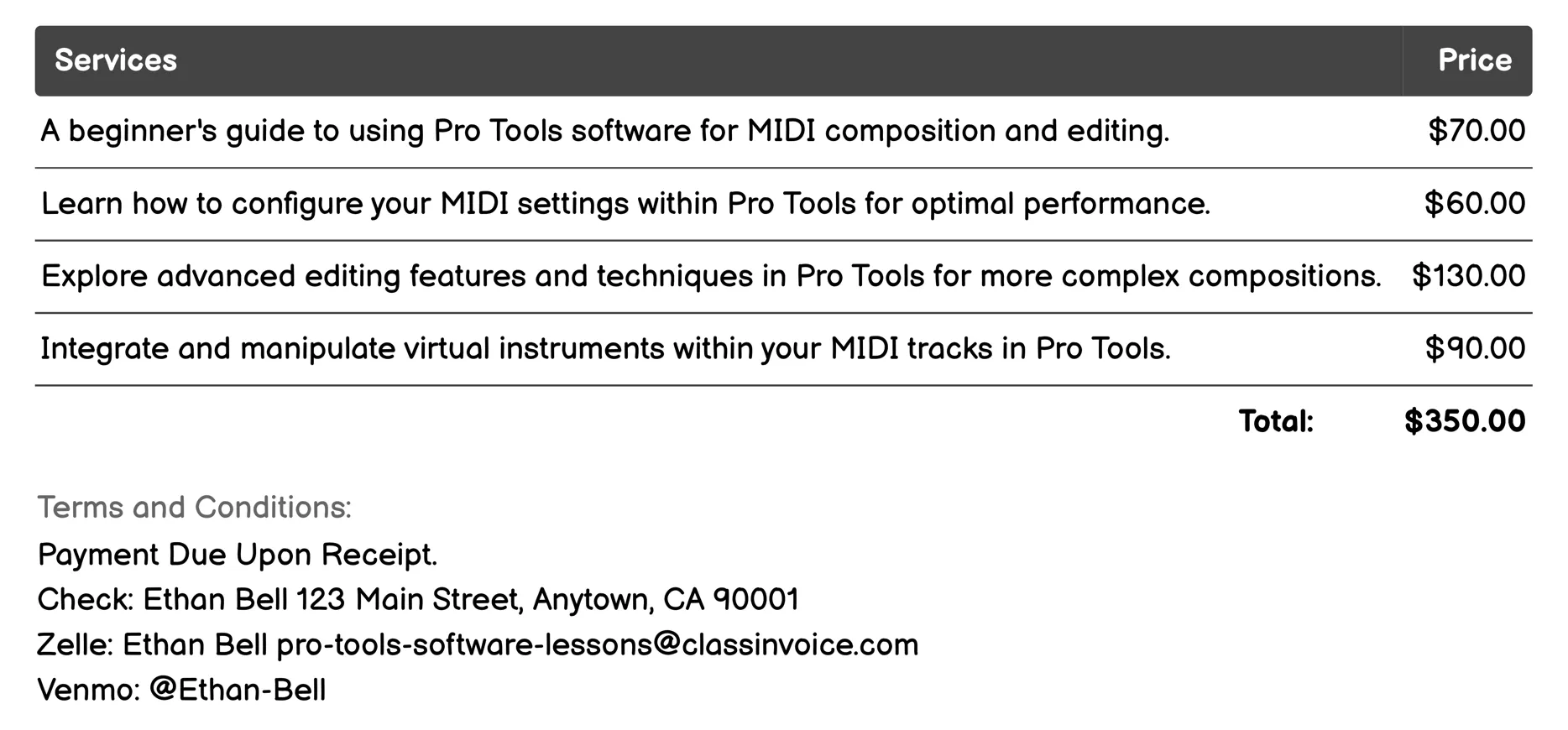 MIDI Composition and Editing Invoice Example