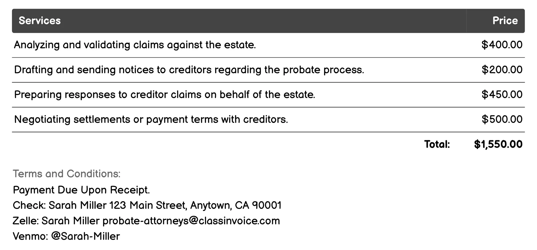 Debt and Claim Management Invoice Example