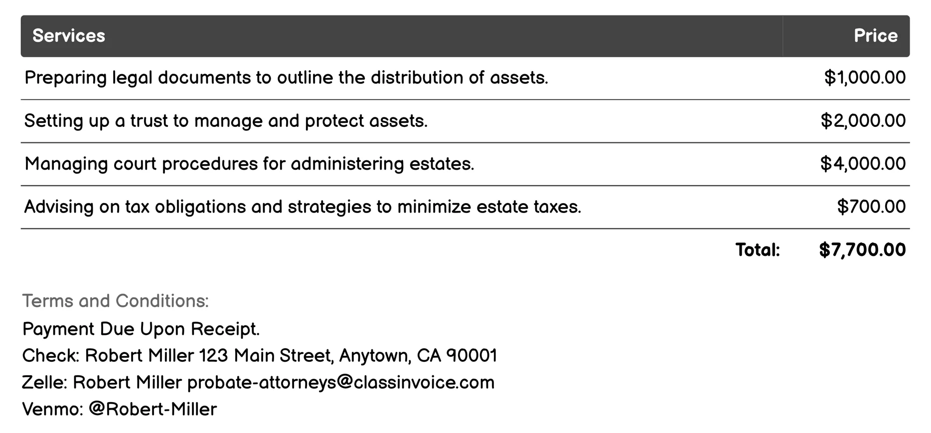 Estate Planning Invoice Example