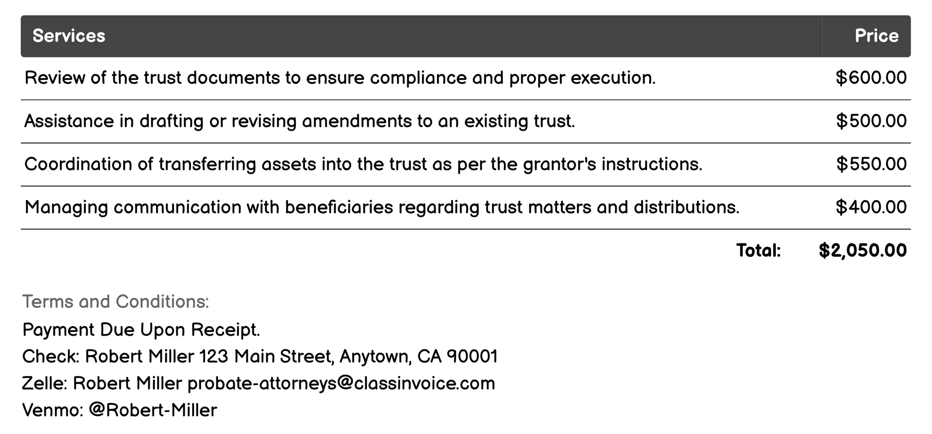 Trust Administration Invoice Example