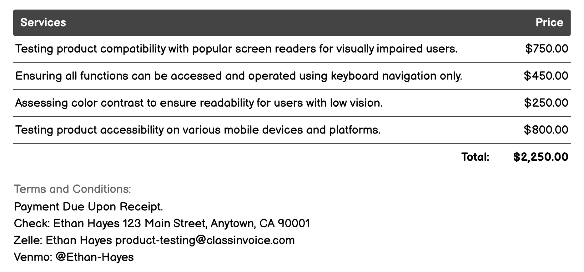 Accessibility Testing Invoice Example
