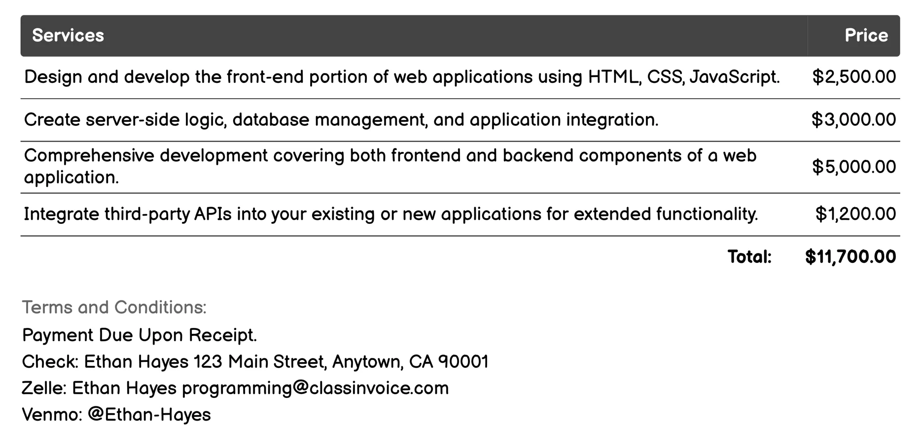 Web Development Invoice Example