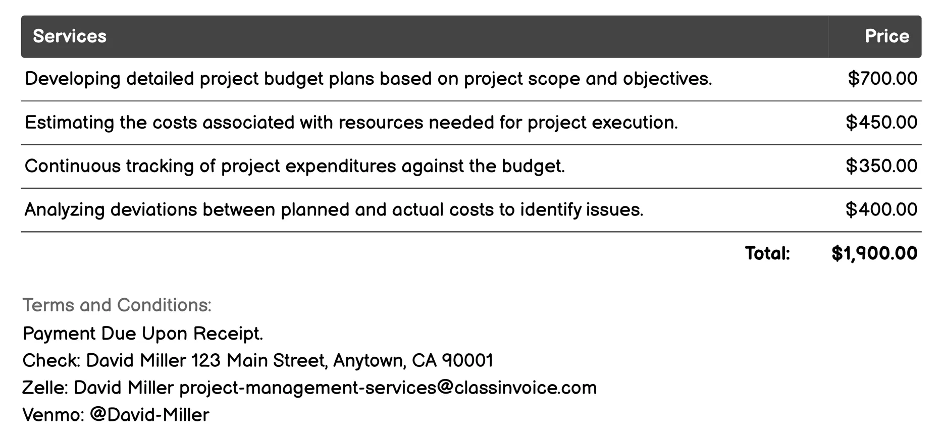 Budgeting and Cost Control Invoice Example