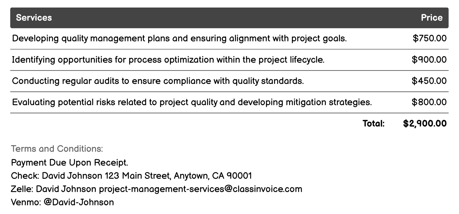 Quality Management Invoice Example