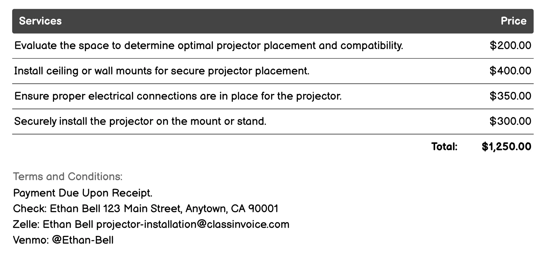 Commercial Projector Setup Invoice Example
