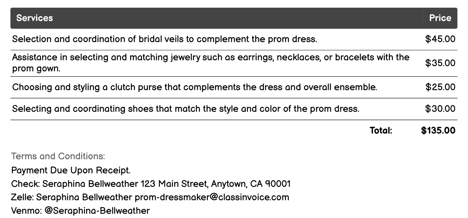 Accessory Coordination Invoice Example