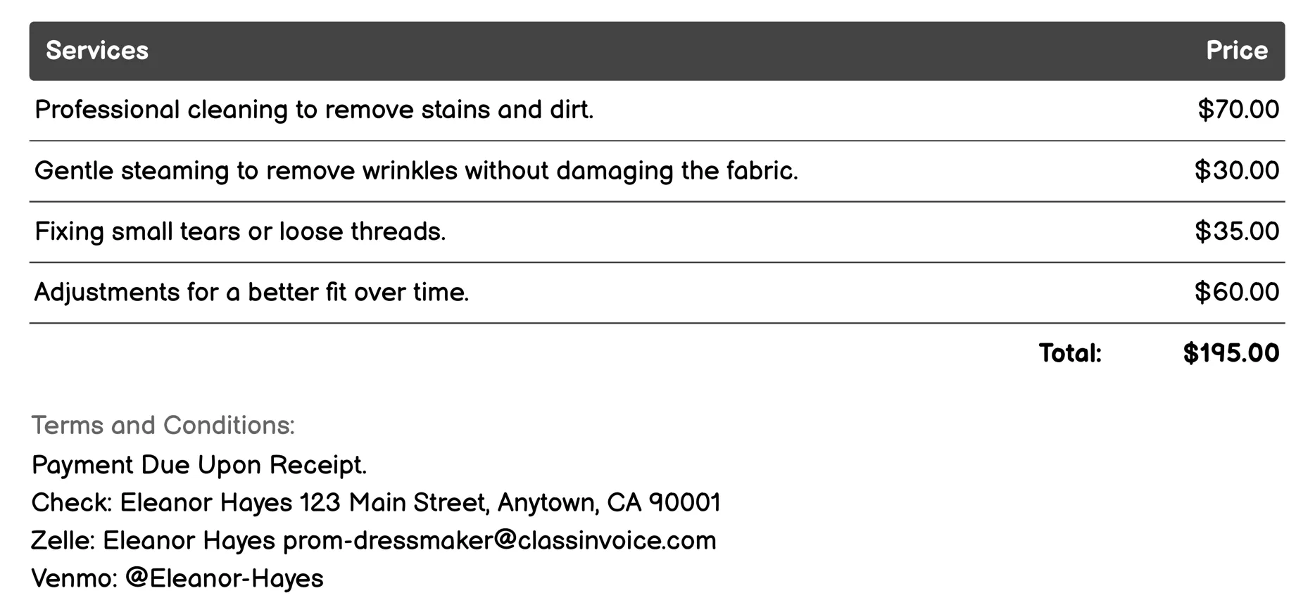 Prom Dress Preservation Invoice Example
