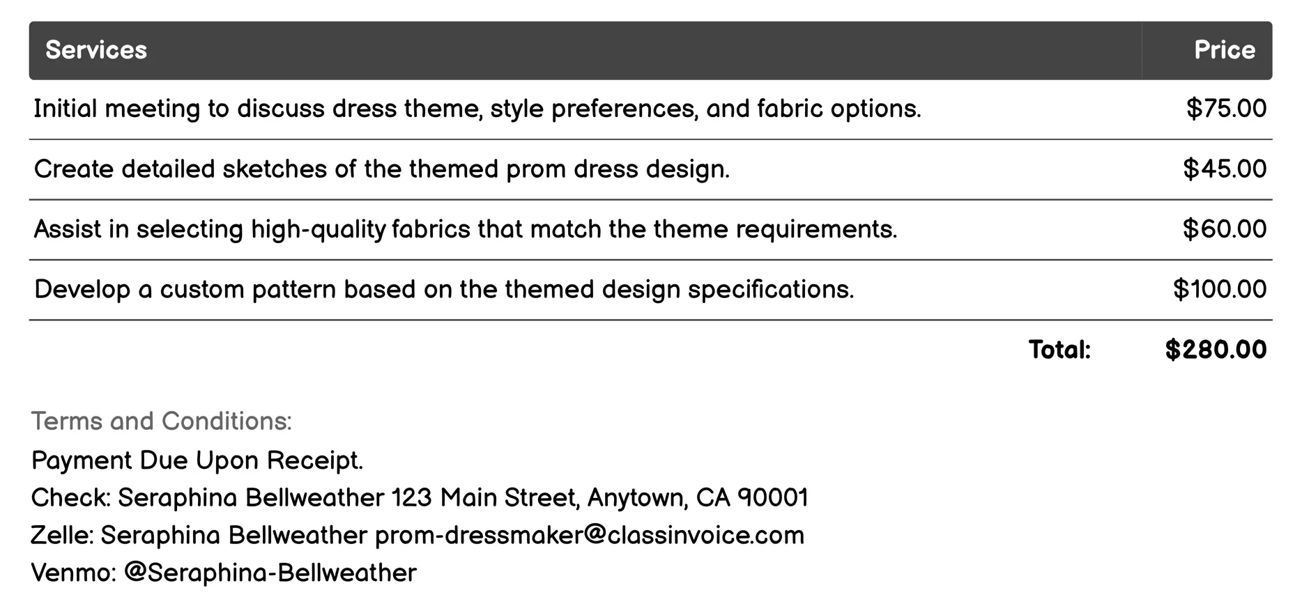 Themed Dress Creation Invoice Example