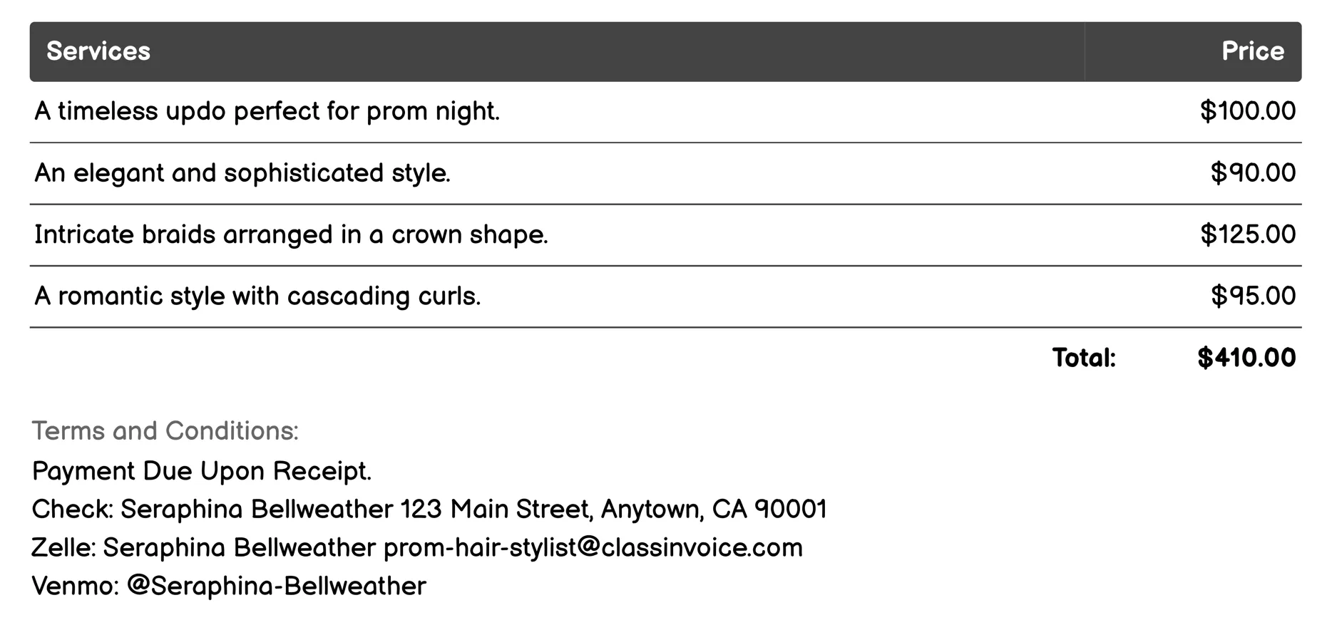 Updo Creations Invoice Example